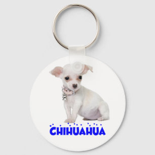 Liefde Witte Chihuahua Puppy Hond Blauwe Hart Sleutelhanger