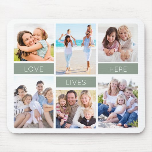 Liefde woont hier Sage Groene Fotocollage Muismat (Voorkant)