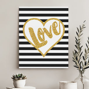 Liefde Zwart & Wit Goud Glitter Strepen Canvas Afdruk