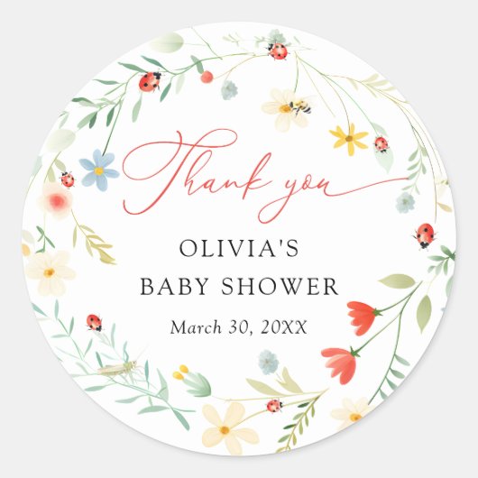Liefdesbug Garden Wildflower Baby shower Bedankt Ronde Sticker (Voorkant)