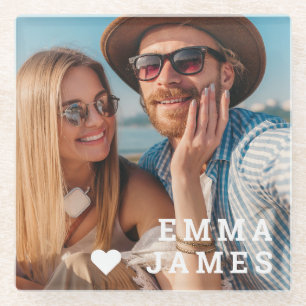 Liefdeshart Couple Foto Persoonlijke Namen Cadeau Glazen Onderzetter
