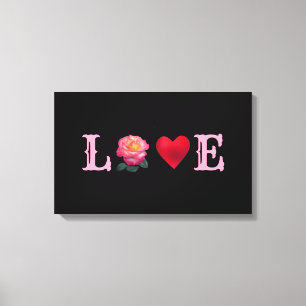 Liefdeshart en roos bloem op zwart canvas afdruk