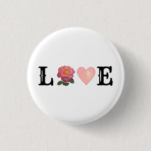 Liefdeshart & Roze Roos Bloem Ronde Button 3,2 Cm