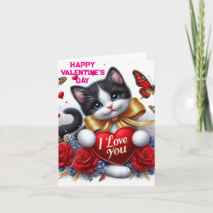 Liefdeshartjes Schattige Kat en Rozen Valentijnsda Kaart
