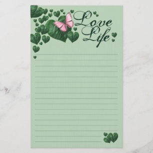 Liefdesleven-Roze Vlinder met Hartblaadjes Briefpapier