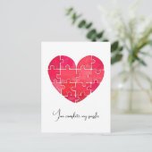 Liefdespuzzel opgelost, rode puzzelhart briefkaart (Staand voorkant)