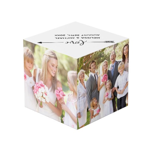 Liefdesscript met aangepaste namen en trouwfoto's kubus (Achter hoekig)