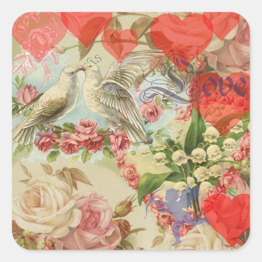 Liefdesvogels Antieke Hart Vierkante Sticker (Voorkant)