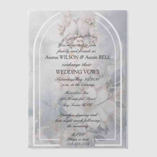 Liefdesvogels Bloemboog Trouw Vellum Uitnodigingen (Voorkant)