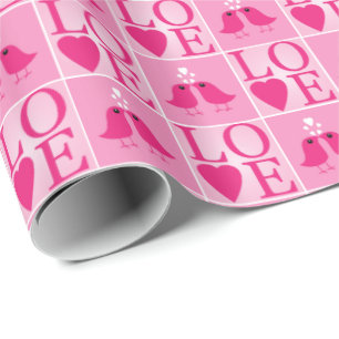 Liefdesvogels en Roze Harten Geruit Cadeaupapier