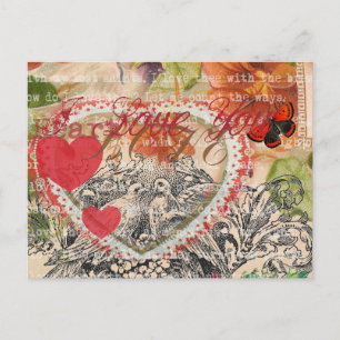 Liefdesvogels Hart Rode Kunstcollage Briefkaart