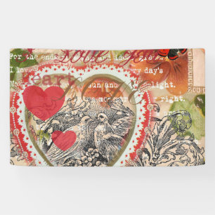 Liefdesvogels Hart Rode Kunstcollage Spandoek