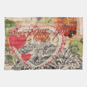 Liefdesvogels Hart Rode Kunstcollage Theedoek