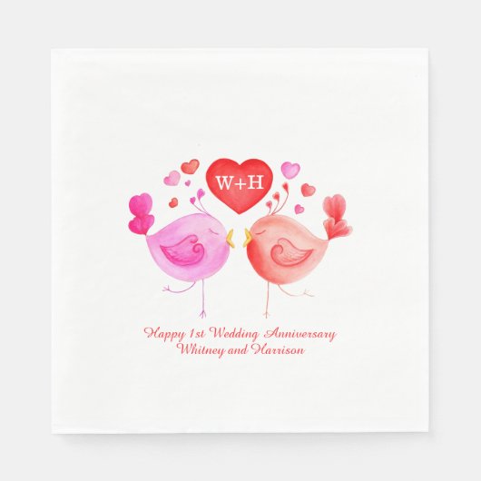 Liefdesvogels hart roze rood 1e trouwdag servetten (Voorkant)