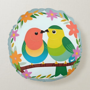 Liefdesvogels in bloei – Kleurrijk lentebloemenges Rond Kussen
