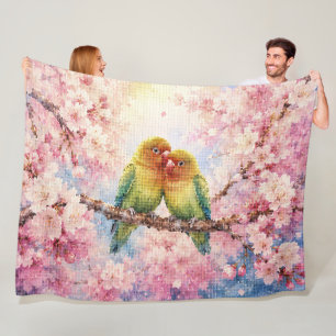 Liefdesvogels in Geometrische Stijl tussen Kersenb Fleece Deken