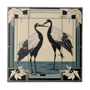 Liefdesvogels twee Kraanvogels Blauw Art Deco Art Tegeltje