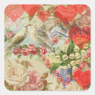 Liefdesvogels Vintage Antieke Hart Vierkante Sticker