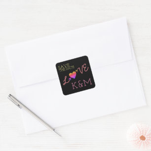 Liefdeswoord met hart & een pijl, zwarte save date vierkante sticker