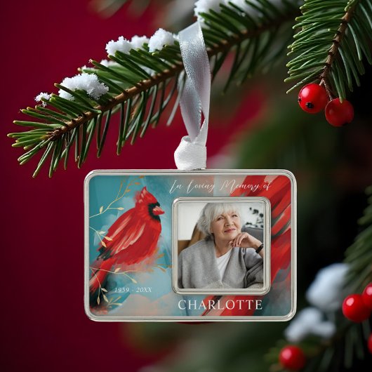 Liefdevolle herinnering Rode Kardinaal Vogel Memor Verzilverd Kader Ornament