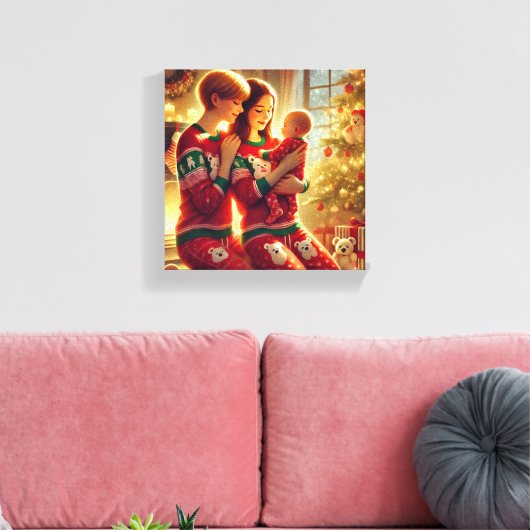 Liefdevolle moeders en Baby bij de kerstboom Canvas Afdruk (Insitu (Woonkamer))