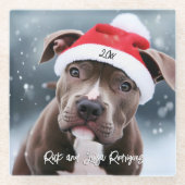 Liefdevolle Pit Bull met Santa Hat Kerstmis Glazen Onderzetter (Voorkant)