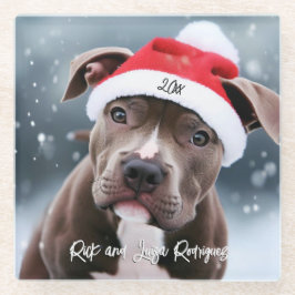 Liefdevolle Pit Bull met Santa Hat Kerstmis Glazen Onderzetter