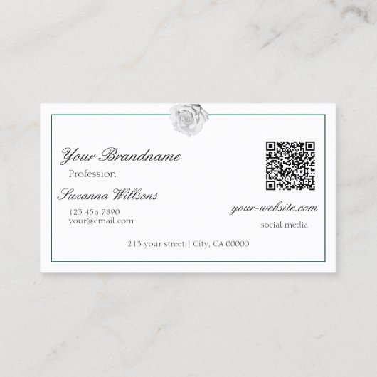 Liefdevolle Witte Roos op Groen met Initialen QR C Visitekaartje (Achterkant)