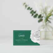 Liefdevolle witte roos op groen met Logo Pleasant Visitekaartje (Staand voorkant)