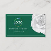 Liefdevolle witte roos op groen met Logo Pleasant Visitekaartje (Voorkant)