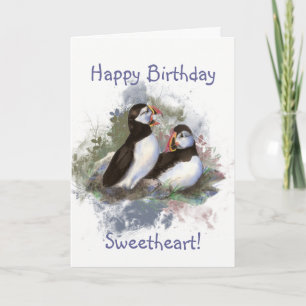 Liefje Birthday Waterverf Puffin Couple Kaart