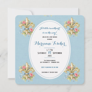 Liefje blauw Fleur de Lys babyshower uitnodiging