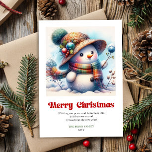 Lieflijke grappige sneeuwman klassieke kerstgroet feestdagenkaart