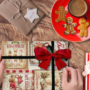 Lieflijke rustieke kerst illustraties collage kuns cadeaupapier