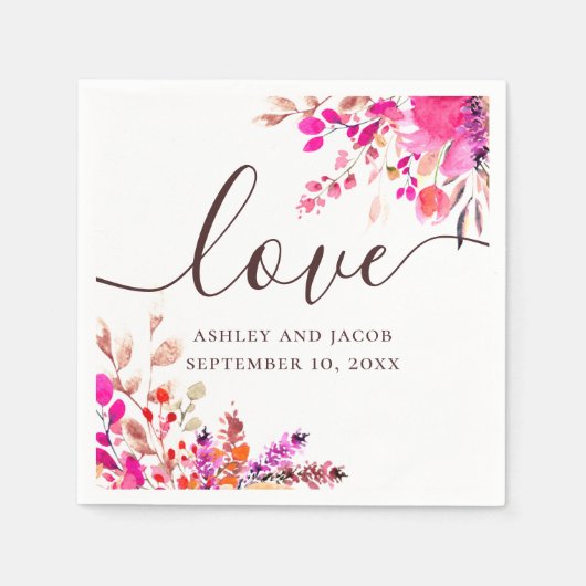 Liefs. Waterverf roze bloementuin script bruiloft Servet (Voorkant)