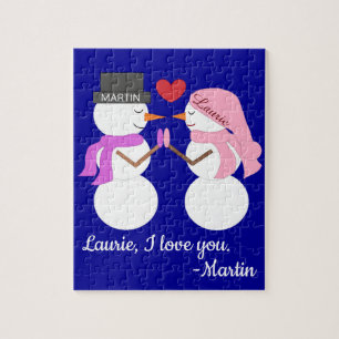 Liefste sneeuwmensen verliefd: donkerblauwe kerst legpuzzel