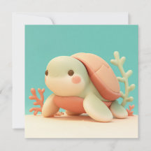 Lieve 3D klei zeeschildpad met oranje koraal ansic