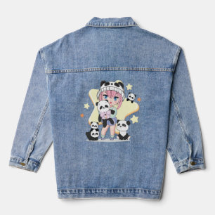 Lieve Anime Meisje Omringd door Panda Speelgoed Denim Jacket