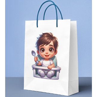 Lieve babyjongen met bruine ogen die een lepel vas vierkante sticker