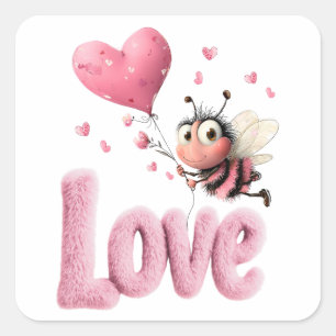 Lieve Bij Fluffy Roze Liefdes Hart Ballon Ontwerp Vierkante Sticker