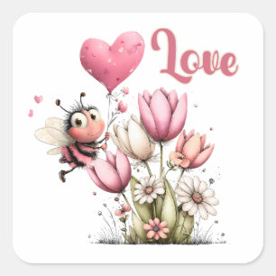 Lieve Bij Liefde Hart Ballon Lente Bloemen Vierkante Sticker