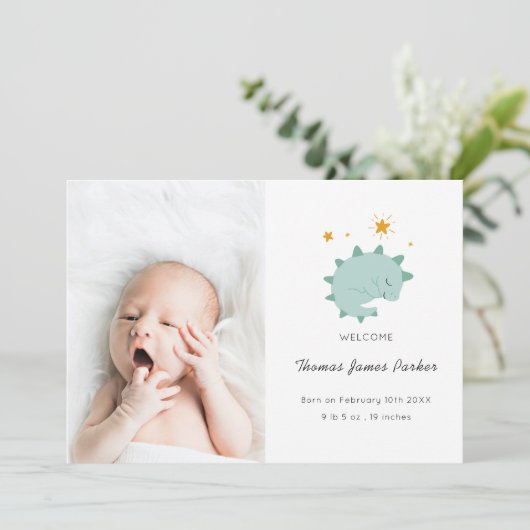 Lieve Blauwe Dinosaur Boy Baby Foto Geboorte Aankondiging (Staand voorkant)