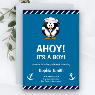 Lieve Blauwe Pinguïn Zeevaart Thema Baby Shower Ui Kaart