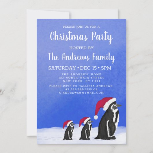 Lieve Blauwe Rode Pinguïn Kerstman Familie Besneeu Kaart (Voorkant)