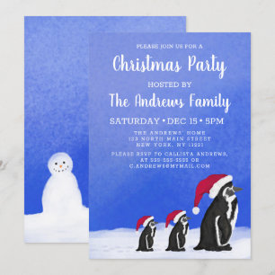 Lieve Blauwe Rode Pinguïn Kerstman Familie Besneeu Kaart