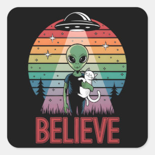 Lieve Buitenaardse Kat Geloof UFO Zonsondergang St Vierkante Sticker