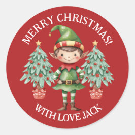 Lieve Cartoon Elf Jongen Prettig Kerstfeest Brief  Ronde Sticker