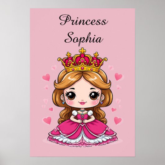 Lieve Cartoon Prinses in Roze Jurk Poster (Voorkant)