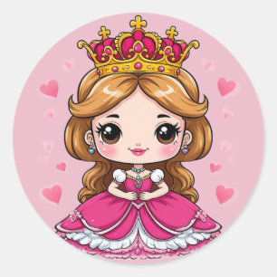 Lieve Cartoon Prinses in Roze Jurk Ronde Sticker
