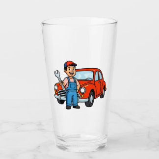 Lieve Cartoonmonteur met Illustratie van Rode Auto Glas